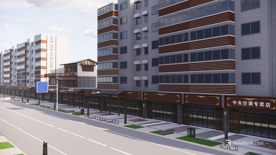 Commercial Street With Multi Story Buildings Storefronts And Street Signboards 3d model 