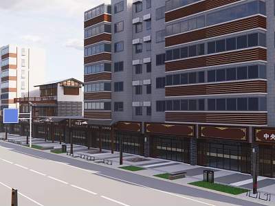 Commercial Street With Multi Story Buildings Storefronts And Street Signboards 3d model