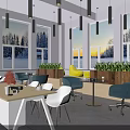 Lounge Area Interior Design With Large Windows Snowy View Green Plants And Black Pendant Lights