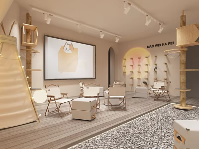 Cozy Pet Shop in Mall with Cat Trees Projection Chairs and Small Tables 3d model