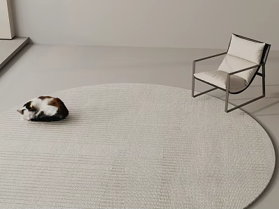 Soft Textured Circular Rug With Cat Resting And Modern Chair Indoor 3d model