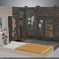 Industrial Style Interior Diorama With Pink Wall Red Door Exposed Pipes Shoe Rack And Plant