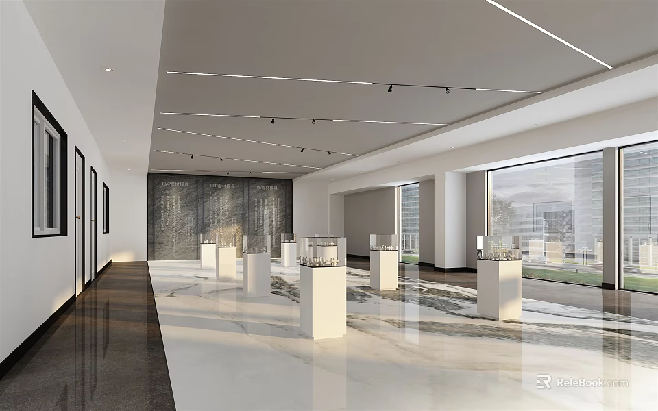 Modern Exhibition Hall Interior With Open Design White Pedestals And Large Windows 3d model 