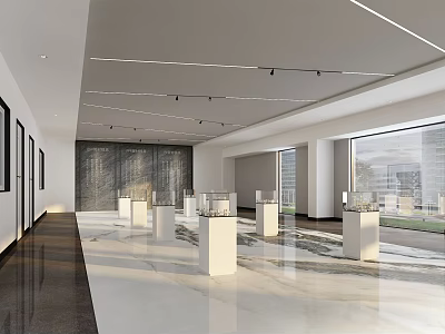Modern Exhibition Hall Interior With Open Design White Pedestals And Large Windows 3d model