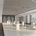 Modern Exhibition Hall Interior With Open Design White Pedestals And Large Windows