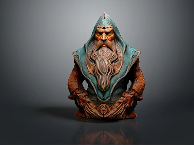 Hooded Fantasy Game Movie Character With Long Beard And Green Brown Robe 3D Sculpture 3d model