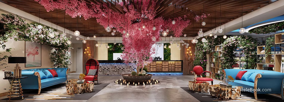 Store Front Desk With Pink Cherry Blossom Decorations Pendant Lights And Green Plant Wall 3d model 