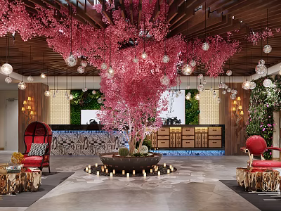Store Front Desk With Pink Cherry Blossom Decorations Pendant Lights And Green Plant Wall 3d model