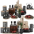 Essential Kitchenware With Wooden Cutting Board Glass Bottles Mugs And Fresh Apples