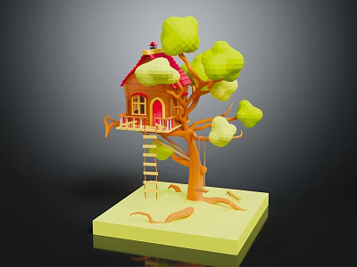 Cute Cartoon Treehouse Scene With Red Roof Yellow Leaves Tree Wooden Ladder And Small Platform 3d model