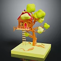 Cute Cartoon Treehouse Scene With Red Roof Yellow Leaves Tree Wooden Ladder And Small Platform