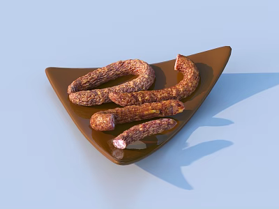 Tasty Cured Sausages Neatly Arranged on Brown Triangular Plate Perfect for Appetizer 3d model