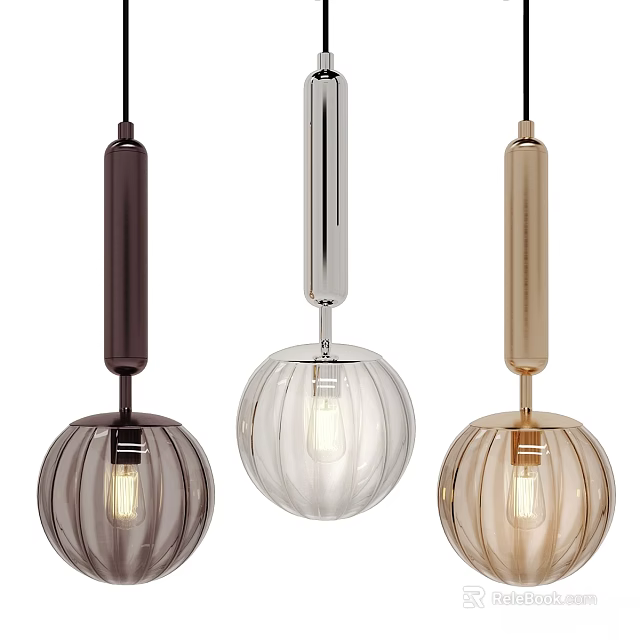 Modern Three Tone Pendant Lights With Glass Globe Shades And Metallic Rods 3d model 