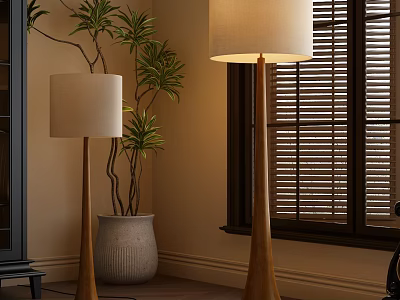 Modern Wooden Floor Lamp With Potted Plant And Window Blinds In Cozy Room Interior 3d model