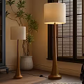 Modern Wooden Floor Lamp With Potted Plant And Window Blinds In Cozy Room Interior