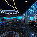 Modern Bar Interior With Colorful Light Background DJ Stage And Glass Tables