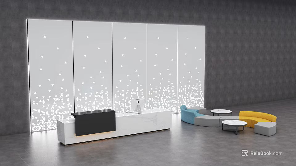 Modern Reception Desk With White Screen Triangle Patterns Blue Yellow Sofas And Round Tables 3d model