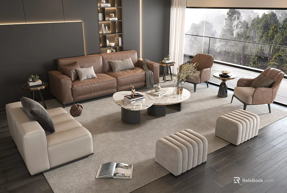 Modern Sofa And Coffee Table Set With Marble Top Accent Chairs Footstools And Scenic View 3d model 