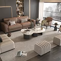 Modern Sofa And Coffee Table Set With Marble Top Accent Chairs Footstools And Scenic View