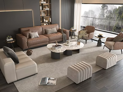 Modern Sofa And Coffee Table Set With Marble Top Accent Chairs Footstools And Scenic View 3d model