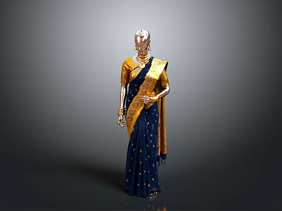 Elegant Blue Sari With Golden Patterns On Mannequin For Traditional Fashion 3d model