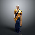 Elegant Blue Sari With Golden Patterns On Mannequin For Traditional Fashion