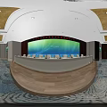 Conference Room Interior Design With Chandeliers Gold White Ceiling Large Screen And Arranged Tables