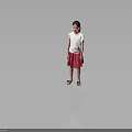 Little Girl Standing in White Top and Red Plaid Skirt on Gray Background with Sandals