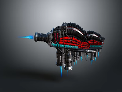 Futuristic Cosmic Spaceship With Blue Thrusters And Red Black Mechanical Design 3d model