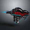 Futuristic Cosmic Spaceship With Blue Thrusters And Red Black Mechanical Design