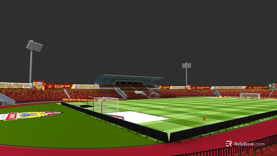 Modern Football Stadium Architecture With Red Seats Green Turf Roof Structure And Lighting Towers 3d model 