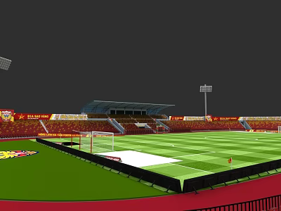 Modern Football Stadium Architecture With Red Seats Green Turf Roof Structure And Lighting Towers 3d model