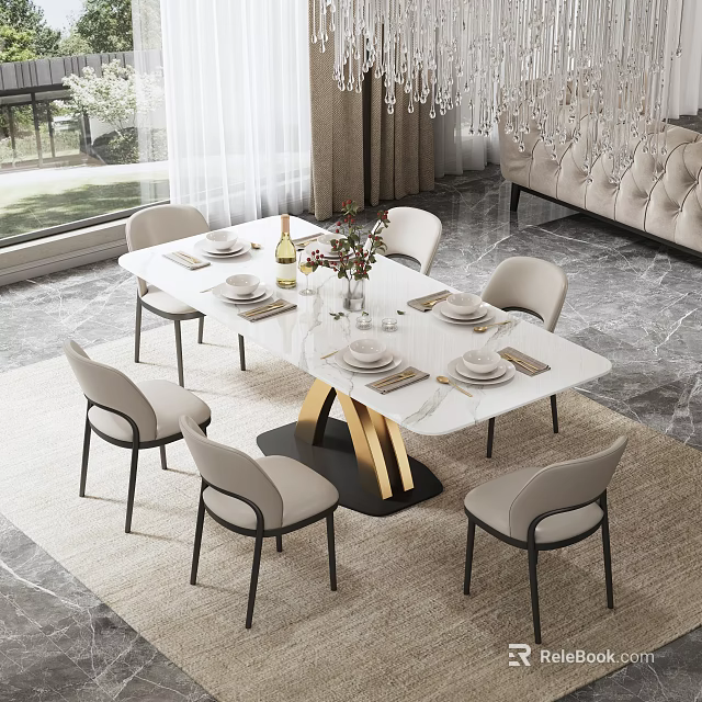 Modern Dining Table Set With White Tabletop Gold Legs And Light Colored Chairs 3d model 