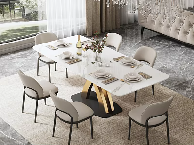 Modern Dining Table Set With White Tabletop Gold Legs And Light Colored Chairs 3d model