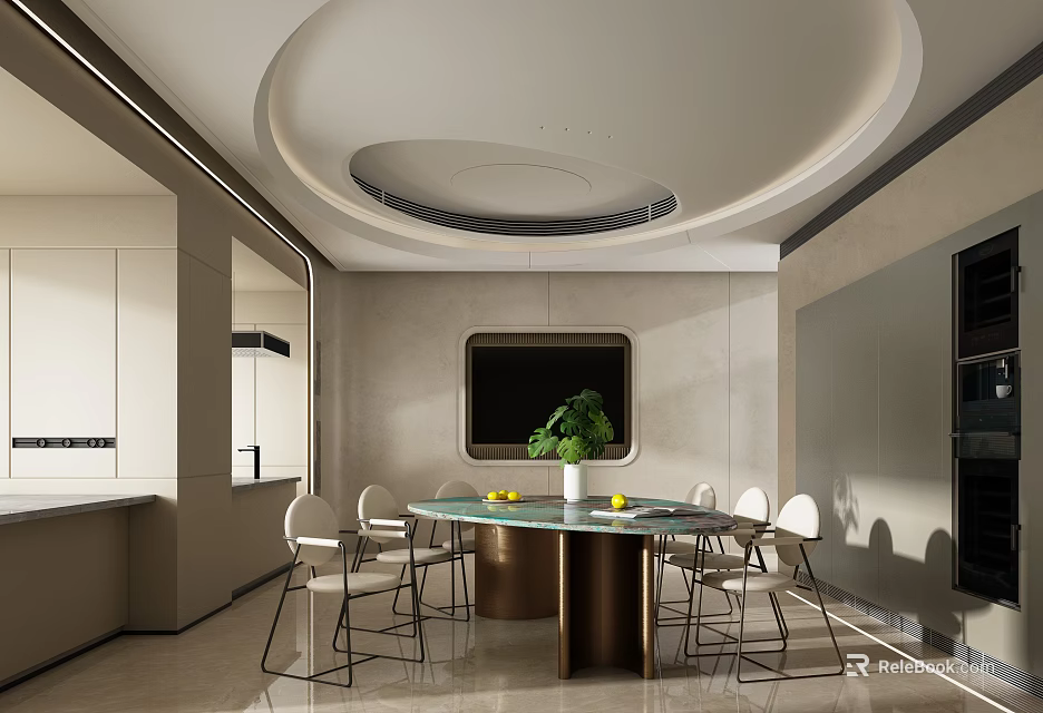 Elegant Modern Restaurant Interior With Round Dining Table Green Plant Built-in TV And Circular Ceiling 3d model 