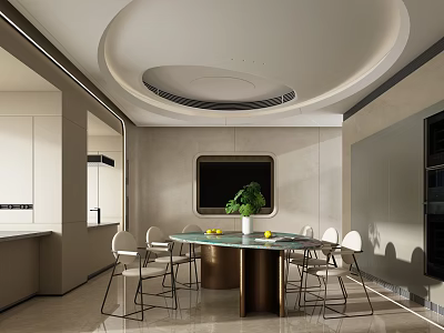 Elegant Modern Restaurant Interior With Round Dining Table Green Plant Built-in TV And Circular Ceiling 3d model