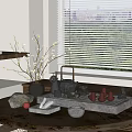 Traditional Tea Set With Teapot Teacups Tray Stones Flower Branch On Wooden Table By Window