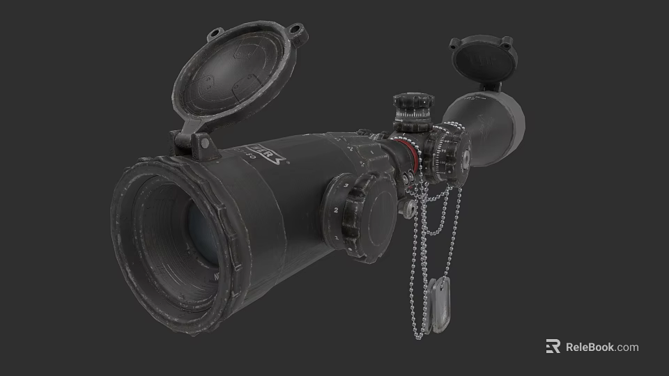 Tactical Weapon Scope With Open Caps Chain And Metallic Dog Tag Design 3d model 