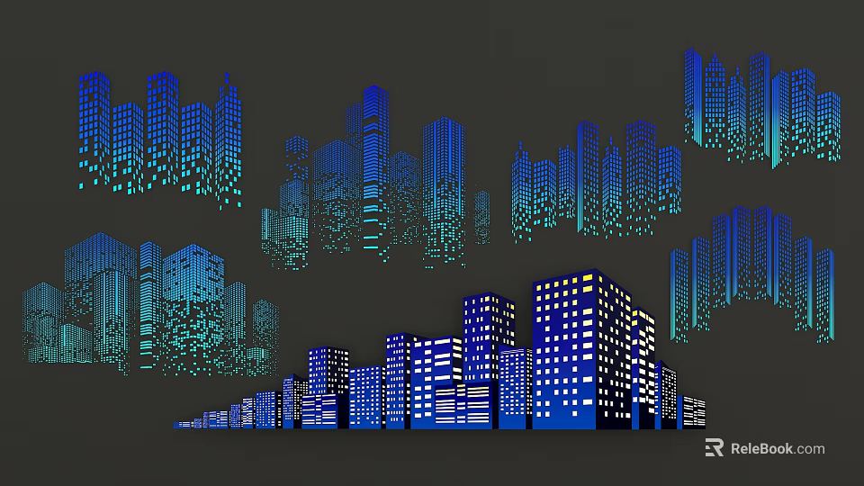 Decorative Lights Illuminating Urban Buildings With Blue And Cyan Glow At Night 3d model 