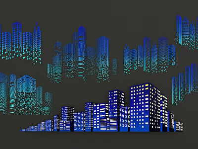 Decorative Lights Illuminating Urban Buildings With Blue And Cyan Glow At Night 3d model