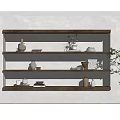 Stylish Wooden Decorative Shelf Unit With Vases Bowls Books And Decorative Items On White Wall
