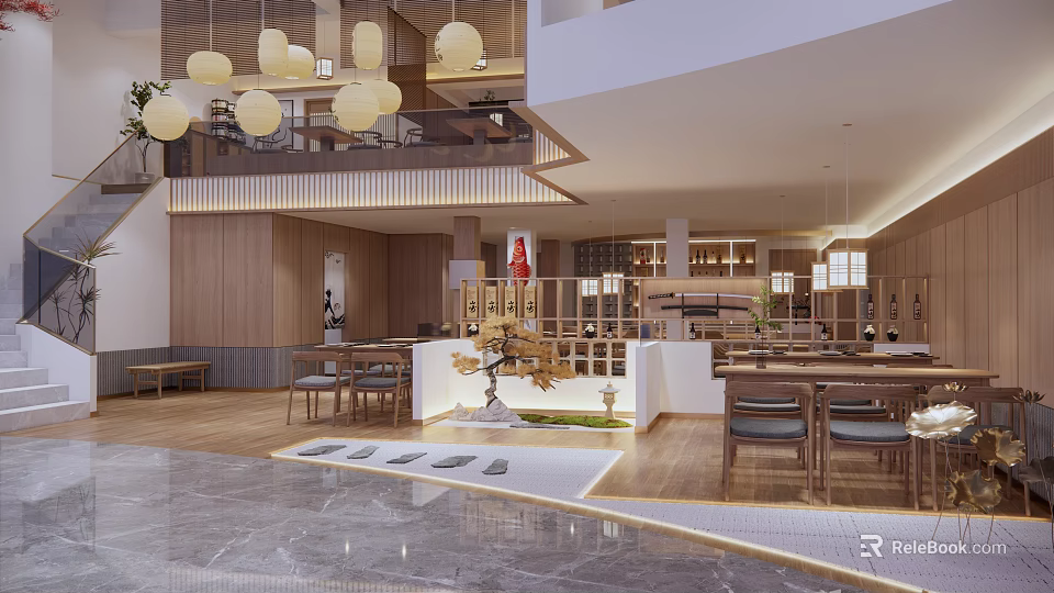 Traditional Japanese Restaurant Interior With Wooden Decor Sushi Bar And Hanging Lanterns 3d model 