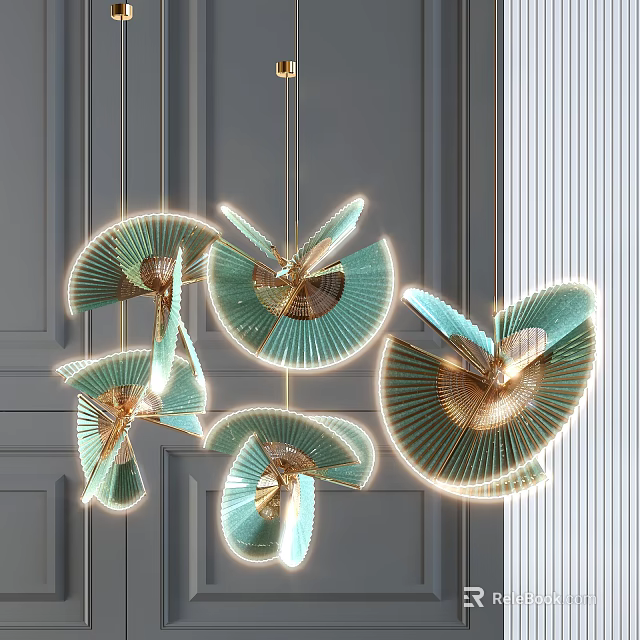 Contemporary Green Gold Fan Shaped Pendant Lights In Modern Interior Design 3d model 