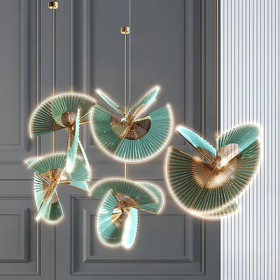 Contemporary Green Gold Fan Shaped Pendant Lights In Modern Interior Design 3d model