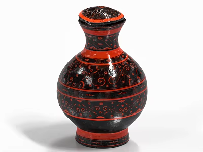 Traditional Black Red Vase With Intricate Floral Patterns And Ornate Design 3d model