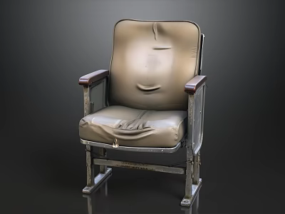 Old Worn Leather Chair with Wooden Armrests and Metal Frame Design 3d model
