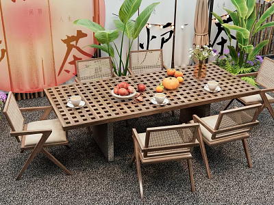 Outdoor Patio Table with Chairs Cups Fruits and Lush Plants on Gravel Ground 3d model