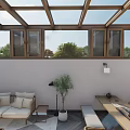 Modern Villa Balcony With Glass Roof Wooden Frame Sliding Doors Outdoor Furniture And White Walls