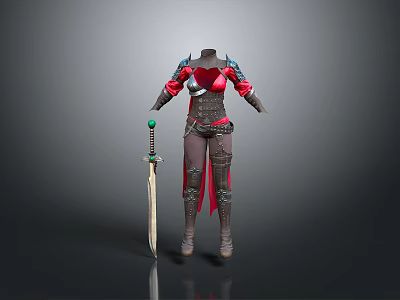 Female Warrior Armor with Red and Black Design Detailed 3D Model and Sword 3d model