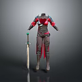 Female Warrior Armor with Red and Black Design Detailed 3D Model and Sword
